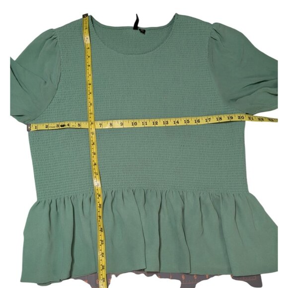 Green Smocked Peplum Blouse With Sheer Puff Sleeves & Ruffled Hem XXL By Versona - Picture 4 of 11
